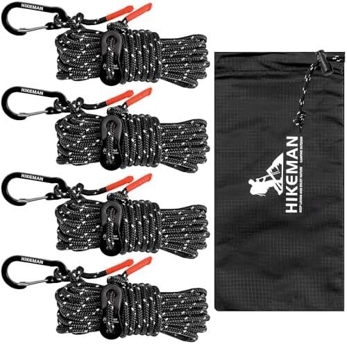 Reflective Tent Guy Ropes - 4M Camping Guide Ropes,4mm Tent Guide Lines Cord with Aluminum Tensioners Adjuster for Outdoor Camping Hiking Caravan Awning Tents (Black, 4mm)