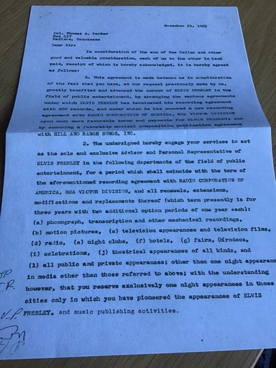 Elvis Memorabilia - Agreement Contract between Elvis, his parents and Col Tom Parker
