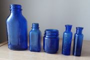 Lot of 5 vintage blue glass bottle