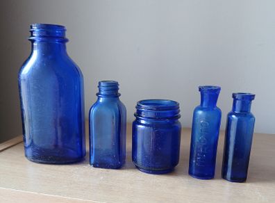 Lot of 5 vintage blue glass bottle