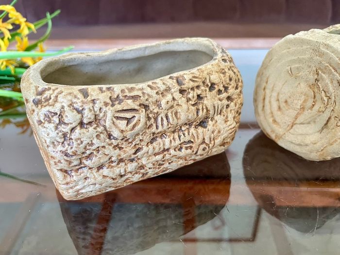 Vintage Set MCM Plant Pots x 2 Bark Pattern Stoneware Succulent Bonsai Planter 1950s