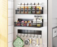 Magnetic Spice Rack for Refrigerator, 3 Pack Magnetic Shelf, Moveable Magnet Fridge Organizer with 8-Hook Rack, Seasoning Organizer for Kitchen Organization and Storage (3 Pack)