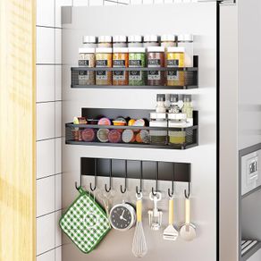 Magnetic Spice Rack for Refrigerator, 3 Pack Magnetic Shelf, Moveable Magnet Fridge Organizer with 8-Hook Rack, Seasoning Organizer for Kitchen Organization and Storage (3 Pack)