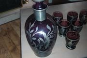 Amethyst Silver Decorated Decanter VINTAGE    With Three Matching Glasses