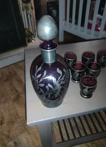 Amethyst Silver Decorated Decanter VINTAGE    With Three Matching Glasses