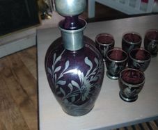 Amethyst Silver Decorated Decanter VINTAGE    With Three Matching Glasses