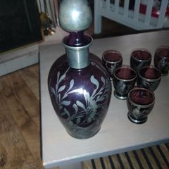 Amethyst Silver Decorated Decanter VINTAGE    With Three Matching Glasses