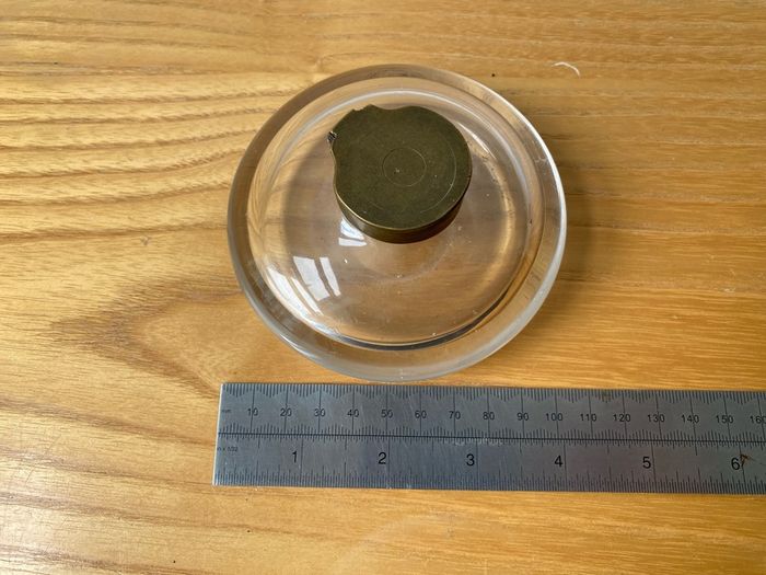 Hand Blown Round Glass Vintage Inkwell with Brass Hinged Collar and Lid c1900