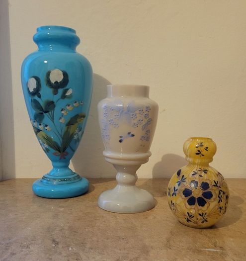 Antique collection of graduated handpainted opaline vases