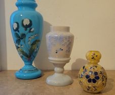 Antique collection of graduated handpainted opaline vases