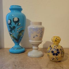 Antique collection of graduated handpainted opaline vases