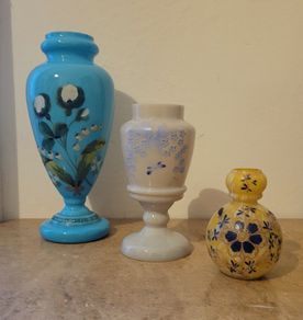 Antique collection of graduated handpainted opaline vases