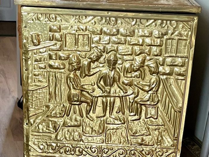 Ornate Brass Fireside Coal Box Embossed Tavern Scene