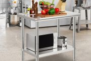 Stainless Steel Prep Table, 900x600x800 mm, 700 lbs Load Capacity, Heavy Duty Metal Worktable with 3 Adjustable Height Levels, Commercial Workstation for Kitchen Garage Restaurant Backyard