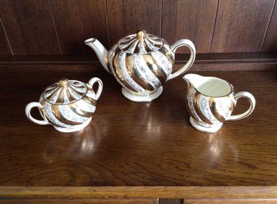 Vintage Sadler Gold and Cream teapot sugar bowl and creamer set