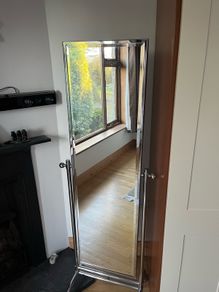 Freestanding, Tilting Cheval Mirror on polished Chrome Frame
