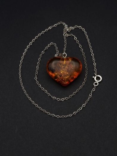 Natural Baltic Amber Heart 925 Silver Necklace
