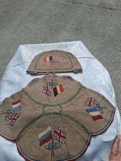 WW1 Embroidered Linen Tray Runner and Tea Cosy