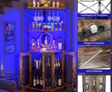 Corner Bar Cabinet with Socket, Industrial Wine Cabinet with LED Strip and Glass Holder, 5 Tier Spirit Rack for Home