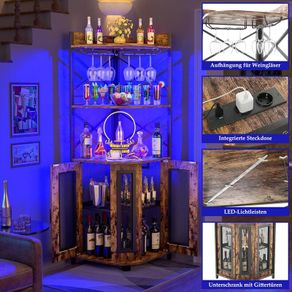 Corner Bar Cabinet with Socket, Industrial Wine Cabinet with LED Strip and Glass Holder, 5 Tier Spirit Rack for Home