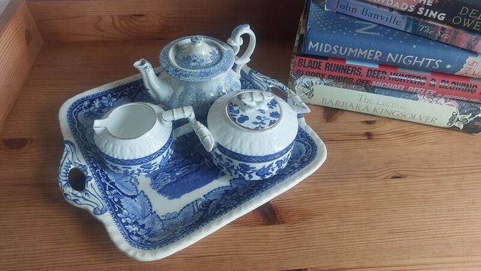 Exquisite Rare Beautifully Shaped and Patterned Blue & White Antique Milk Creamer and Matching Lidded Sugar Bowl by Edwin James Drew Bodley, in the Worchester Pattern Registered 1876, Circa 1875 - 1892