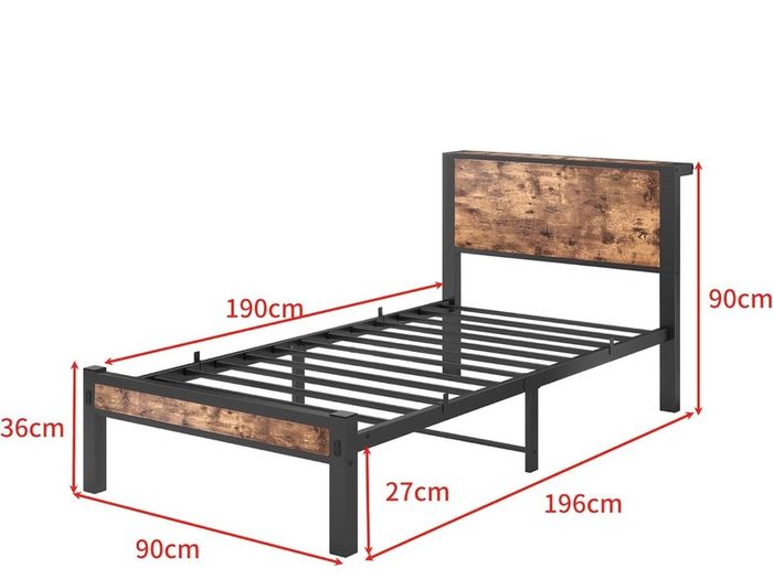 Single Bed Frame with Wood Storage Headboard, 90 x190 cm, Brown 3ft Metal Bed Frame Single for Adults Kids, Mattress Base, Underbed Storage, No Box Spring Needed