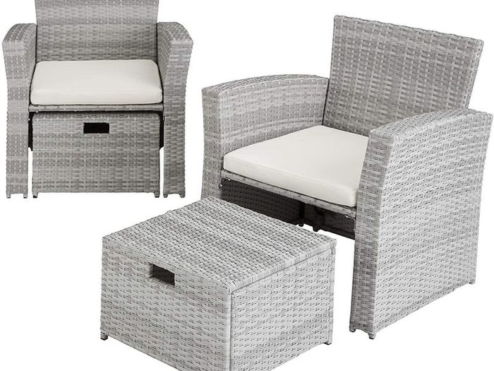_Poly-rattan Garden / Balcony / Patio Set for 4 People with Stool, Storage Compartment Under Sofa Seat, Table with Shelf, 800719 incl. Cushions - Colours: assorted