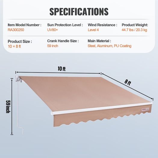 Manual Retractable Awning, 10 x 8 ft Outdoor Patio Awning Retractable Sun Shade, Water-Resistant Polyester Patio Door Window Awning Sunshade Shelter with Crank Handle for Backyard, Balcony