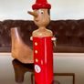 Vintage Tall Wooden Pinocchio Coin Bank with Lock and Keys Red Hand Painted Italy 29 cm Image 6