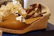 Carl Scarpa Brittany Leather Espadrille Wedge Shoes in Cognac