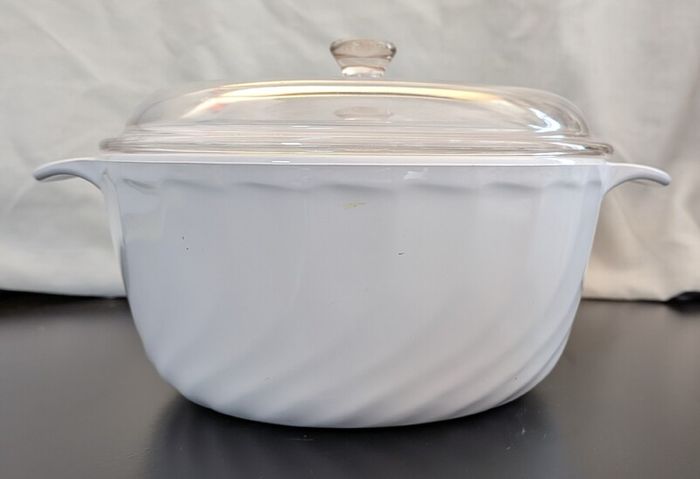 Vintage Arcopal France White Swirl Casserole Dish with Glass Lid