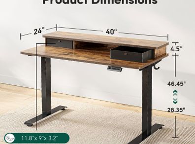 Height Adjustable Electric Standing Desk with Double Drawer, 100/60cm