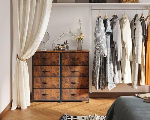 Narrow Chest of Drawers with 4 Drawers, Small Chest of Drawers with Fabric Drawer, Sturdy Steel Frame, Wooden Top, Suitable for Bedroom and Living Room, Retro