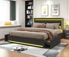Brand New LED Bed with Lighting and USB Charging, Headboard and 4 Drawers, Double Bed, Upholstered Bed Frame with Wooden Slats and Storage Space, Without Mattress (Grey 2, 160 x 200 cm)