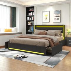 Brand New King Bed, LED Bed with Lighting and USB Charging, Headboard and 4 Drawers, Double Bed, Upholstered Bed Frame with Wooden Slats and Storage Space, Without Mattress (Grey 2, 160 x 200 cm)