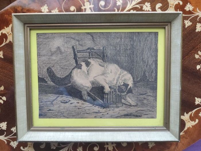 Antique Vintage Original Art Playful Kitty