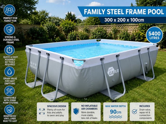 Family Steel Frame Swimming Pool 300 x 200 x 100 cm  Rectangular Garden Pool