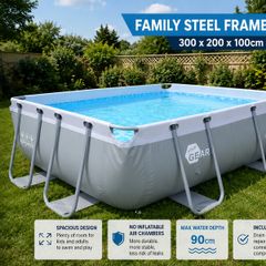 Family Steel Frame Swimming Pool 300 x 200 x 100 cm  Rectangular Garden Pool
