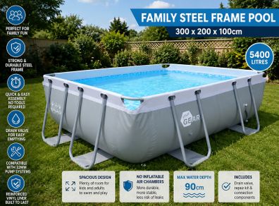 Family Steel Frame Swimming Pool 300 x 200 x 100 cm  Rectangular Garden Pool