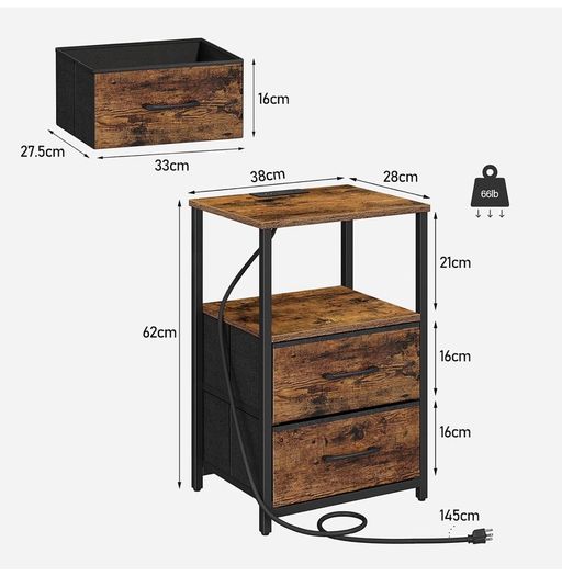 Bedside Table with Charging Station, Side Table with 2 USB Ports and Outlets, Nightstand with Cloth Drawer
