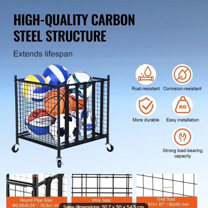 Rolling Sports Ball Storage Cart  50.7 x 50 x 54.5 cm