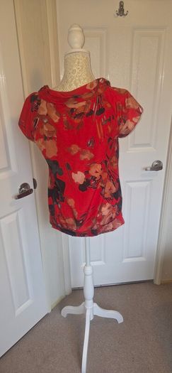 Gallery Red Floral Chiffon Blouse UK 12 Boho Occasion Floaty Top EU40