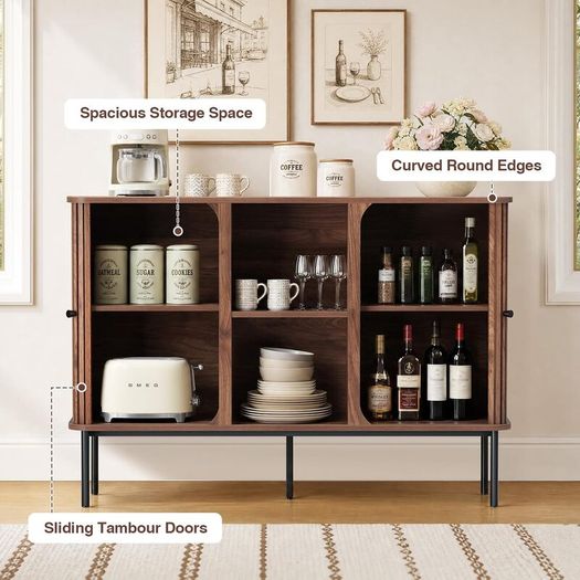 Sideboard Buffet Cabinet Storage with Sliding Door Cupboard, Walnut