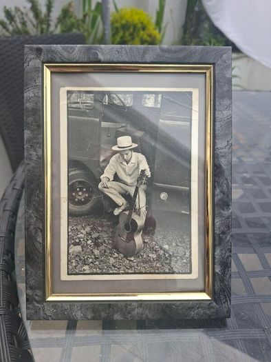 Vintage Bob Dylan black and white framed postcard with inscription