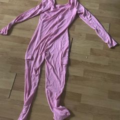 Pink Ribbed Long Sleeve Cargo Jumpsuit