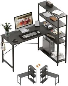 Computer Desk with Bookshelf, Corner Desk with Conversible Shelves, L Shaped Desk, Home Office Desks, Writing Study Desk for Bedroom,100 x 80cm, Black