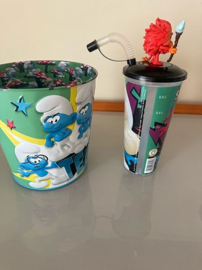 Smurfs Metal popcorn tin and drink cup with straw