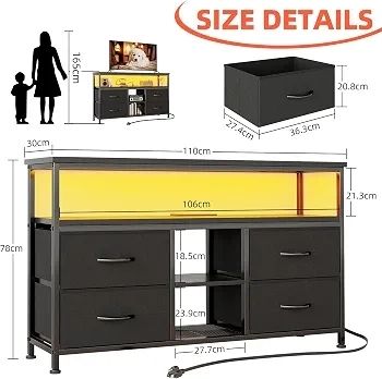 110cm TV Stand, TV Cabinet with Power Outlets & LED Light, 4 Fabric Drawers TV Unit for TVs Up to 55 inch, Entertainment Center for Living Room, Bedroom, Black