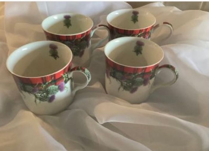 4 Fine China Thistle Tartan Mugs