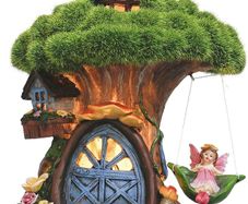 Flocked Fairy House Solar Garden Ornaments Outdoor, Cottage Fairy Garden Statues and Figurines for Garden Gifts, 7.7inch/19.5cm